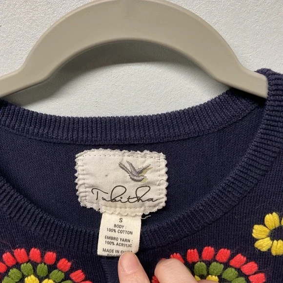 Tabitha Anthropologie Embroidered Floral Cardigan‎ Navy Blue Sweater Women Small - Picture 4 of 5